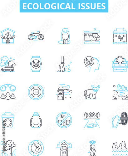 Ecological issues vector line icons set. Ecology, Conservation, Pollution, Deforestation, Climate, Biodiversity, Waste illustration outline concept symbols and signs