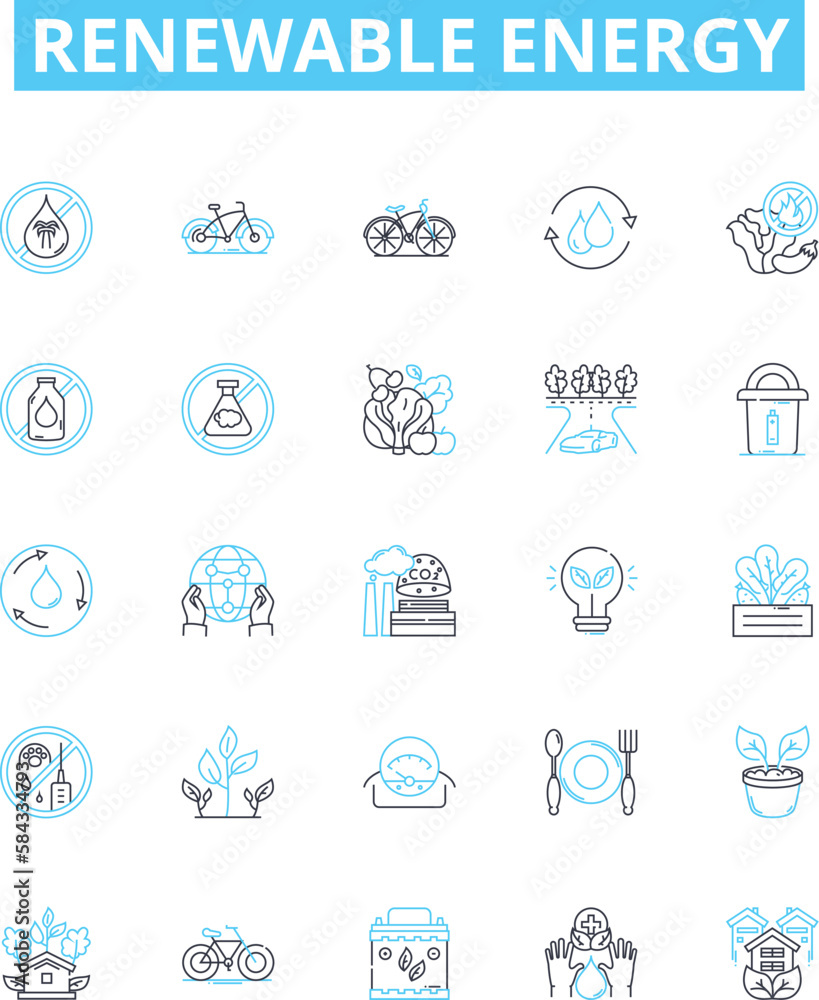 Renewable energy vector line icons set. Solar, Wind, Hydro, Biomass, Geothermal, Tidal, Wave illustration outline concept symbols and signs