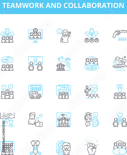 Teamwork and collaboration vector line icons set. Collaboration, Teamwork, Communicate, Cooperate, Networking, Unity, Integration illustration outline concept symbols and signs