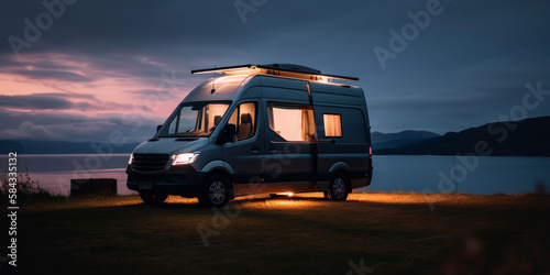 Foto Glowing light from a camper van in a beautiful landscape at dusk