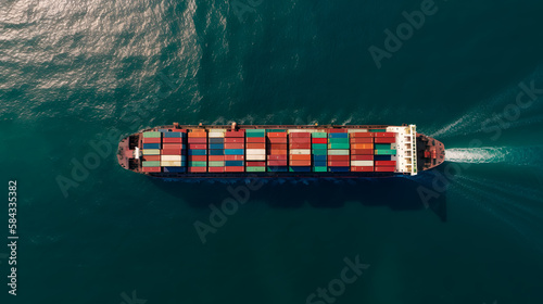Abstract art. Colorful painting art of an aerial top view of cargo ship with containers. Freight shipping logistic. Maritime transport. Generative AI.