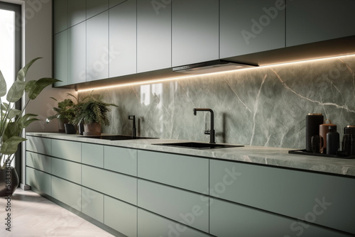 Modern, luxury kitchen with sage green counter cabinet with sink, induction, sunlight from window Generative AI
