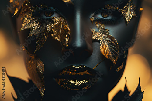 Closeup Portrait of a woman with golden lips and leaf's, background, Generative Ai