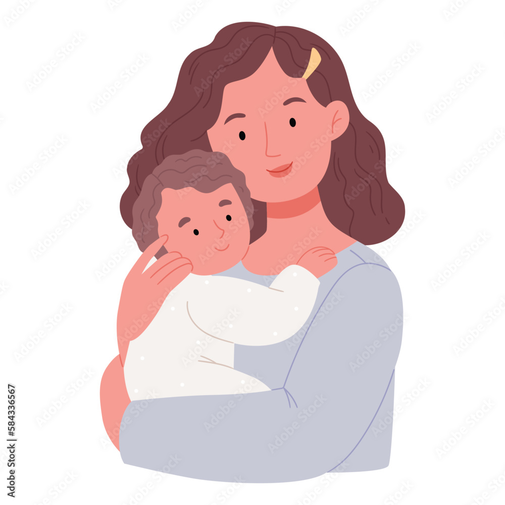 Mom hugs her baby.Mother's day.Flat.Hand drawn style.