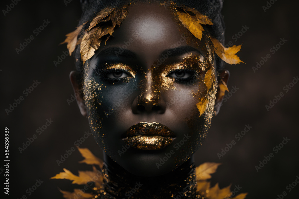 portrait of a woman with golden lips and leaf's, background, Generative Ai