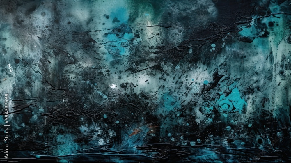 Abstract Grunge Paint Background of Blue Water with an Old, Damaged, Stained Black Border: Generative AI