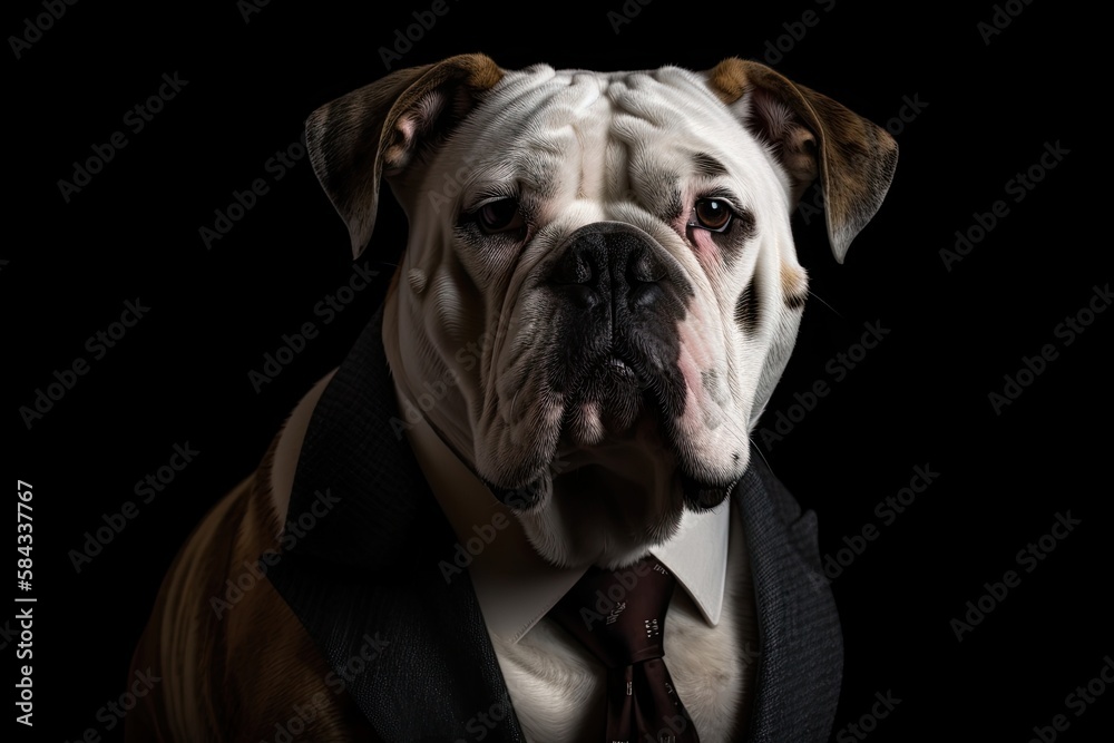 Mature American Bulldog in a Business Suit: Adult Canino Poses in a Dark and Serious Background: Generative AI