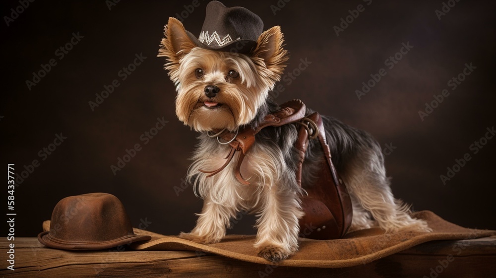 A Yorkie wearing a cowboy hat and boots, sitting on a saddle atop a giant bone Generative AI A Yorkie wearing a cowboy hat and boots, sitting on a saddle atop a giant bone Generative AI