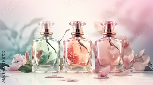 Luxurious Aroma of Spring: Fashionable Perfume Bottles & Background Illustration: Generative AI