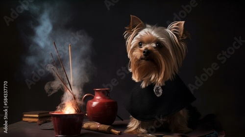 A Yorkie dressed as a wizard, casting a spell with a wand and smoking cauldron nearby Generative AI photo