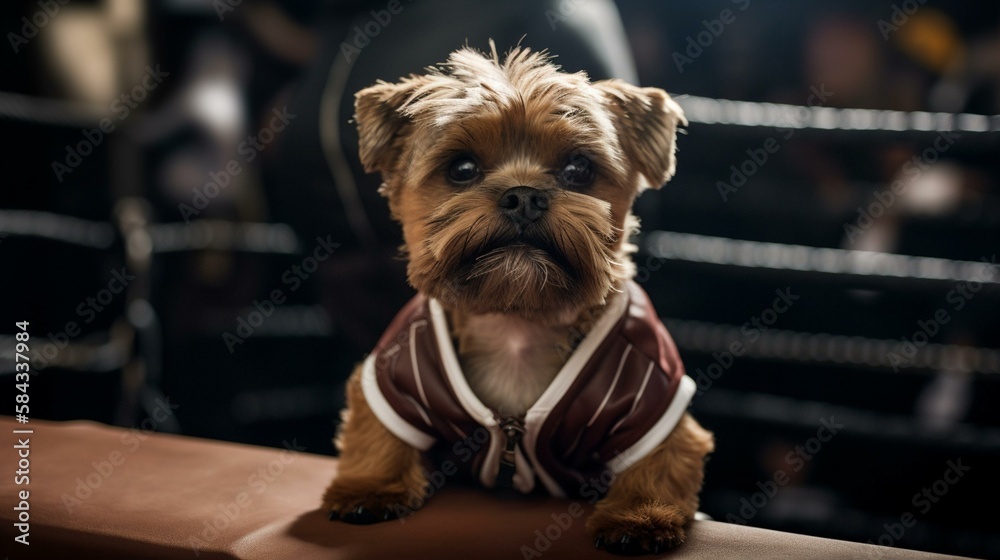 A Yorkie dressed as a boxer, wearing gloves and standing in a boxing ring Generative AI