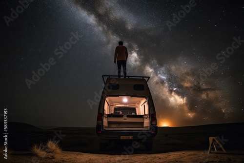 The Night Sky and a Man's Journey: Milky Way Inspires Freedom and Adventure from the Roof of a Camper Van: Generative AI