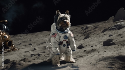 A Yorkie wearing a spaceman suit, standing on a lunar surface with Earth in the background Generative AI
