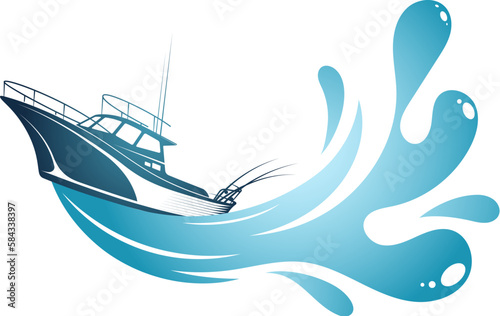 Fishing boat on a blue wave. Design for sport fishing