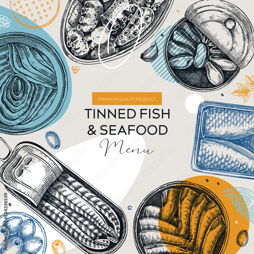 Collage-style tinned fish table design. Hand-drawn seafood restaurant menu. Canned fish and shellfish vector frame. Vintage sardines, caviar, mackerel, tuna, mussels vector food illustration