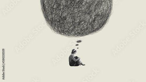 Young woman suffering from obsessive tangled thoughts. Mental disorders, breakdown. Stop motion, animation. Concept of psychology, inner world, mental health, feelings. Conceptual art