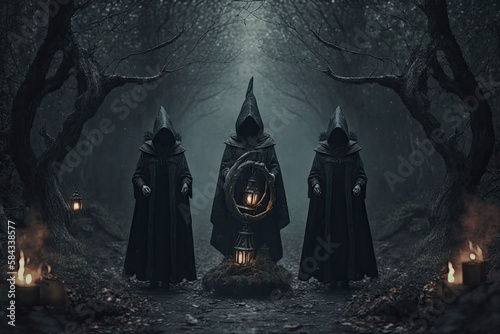 A gloomy dramatic background, witches in black cloaks perform a ritual in a dark gloomy forest. Background for Halloween holiday, witchcraft, generative AI