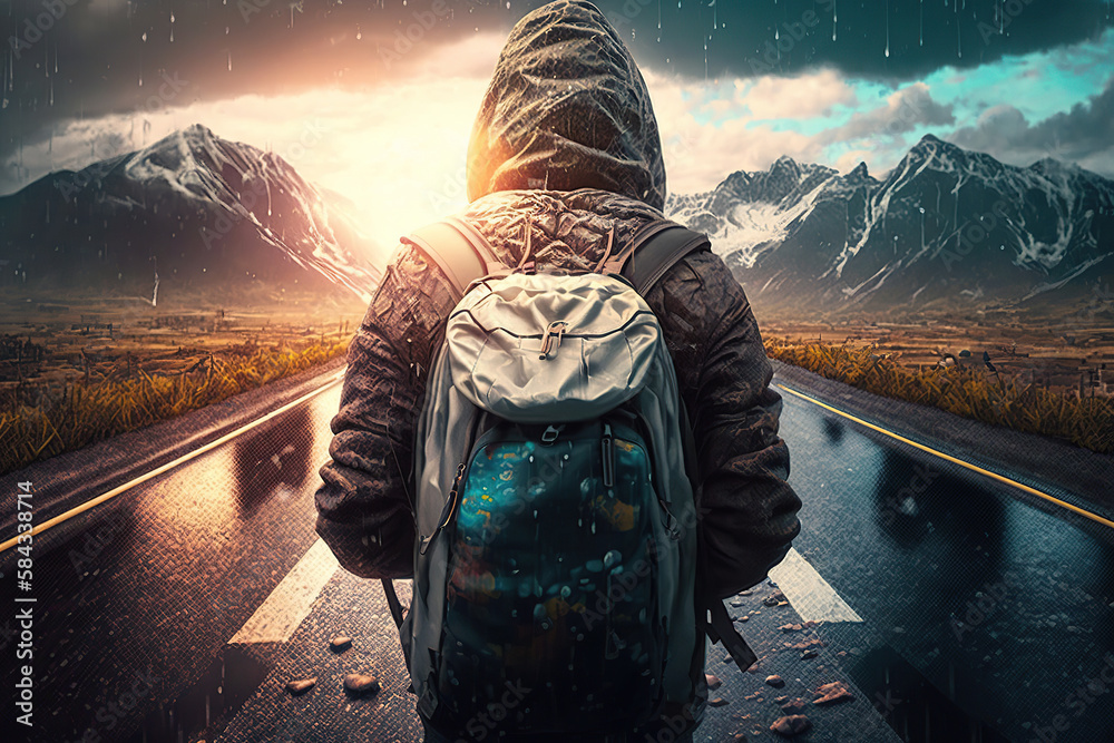A tourist man with a backpack walks alone on a wet road after the rain ...