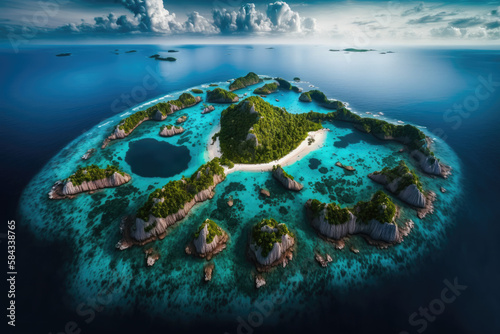 Island chains in the sea. Aerial photos of the Philippine dream islands in the sea. Beautiful scenery with clouds, generative AI