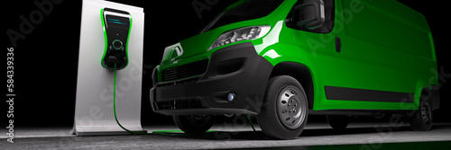 Conceptual green electric work van being charged 3d render