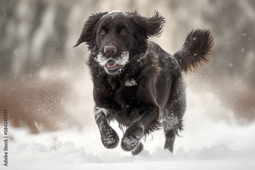 Flat coat retriever dog playing in the snow. Black retriever running in deep snow.