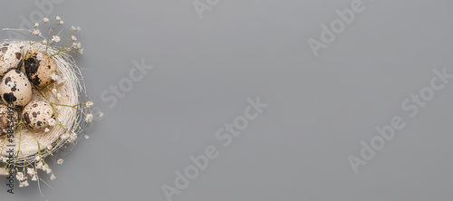 Photography Happy easter template with decor of monochrome easter eggs on gray background