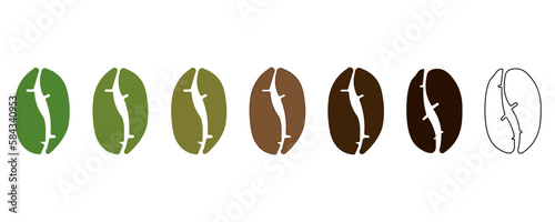 Coffee beans. Set of coffee beans at different stages of roasting: (light, green, medium, dark, brown, black bean roast,) set of icons of coffee beans on a white background vector graphics eps10