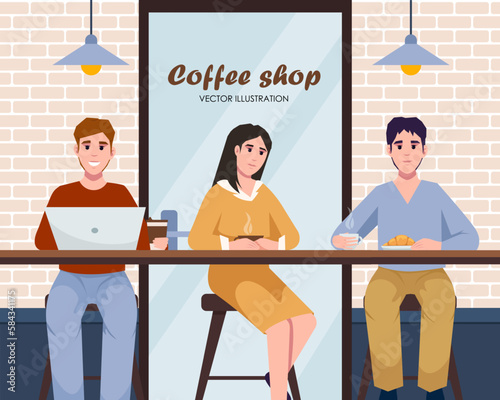 People coffeehouse. Flat young people communicating and working in coffeehouse. People relax at city cafe. Characters eat dessert and drink coffee or tea at coffeeshop.