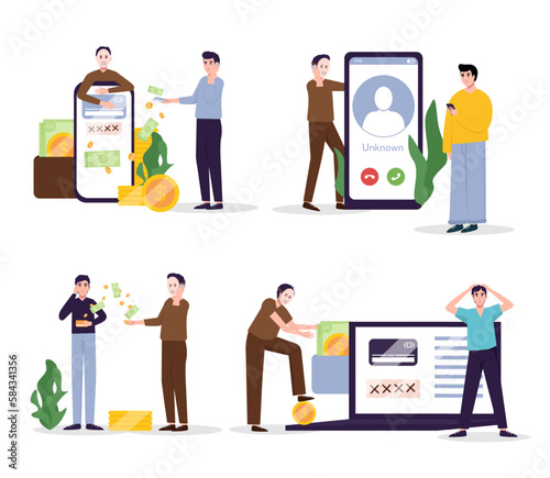 Internet fraud and scam. Online hackers at phishing, cyber crime, theft of personal data, password, bank information and money. Thief blackmailing people