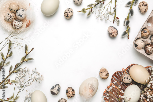 Canvas Print Happy easter flat lay composition with eco friendly easter eggs decor on white background