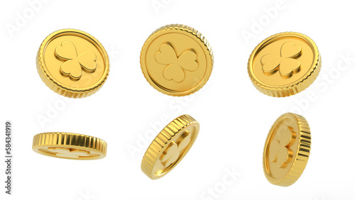 Rotating 3d three leaf clover golden coins on isolated transparent background.Saint Patrick's Day coins, Patrick's Day symbols. Lucky clover coins.