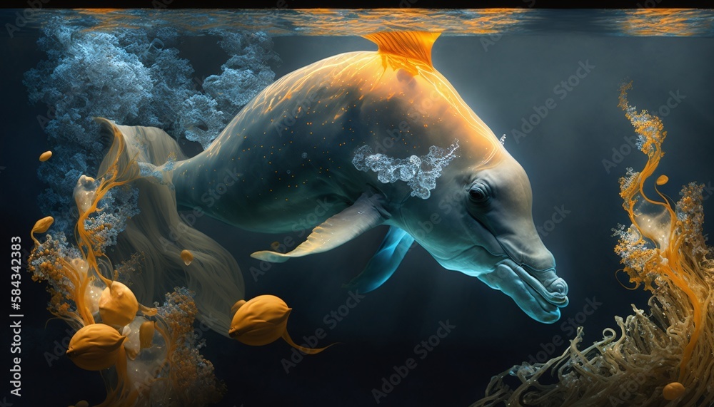 Representation of Fictional Submerged and Colorful Horse Fish Generated by AI