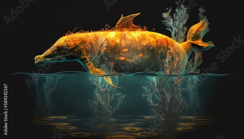 Representation of Fictional Submerged and Colorful Horse Fish Generated by AI