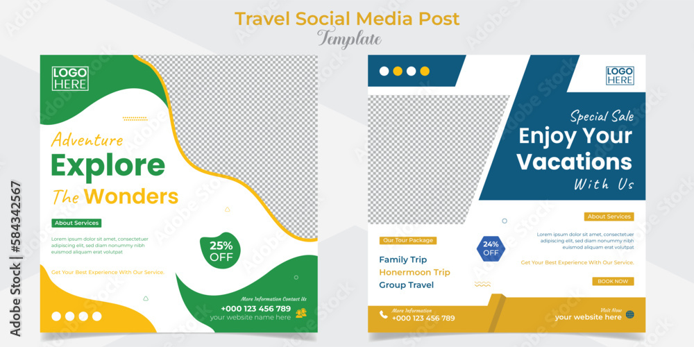 Travel and tourism social media post and square flyer post banner template design set Travel and tourism social media post and square flyer post banner template design set