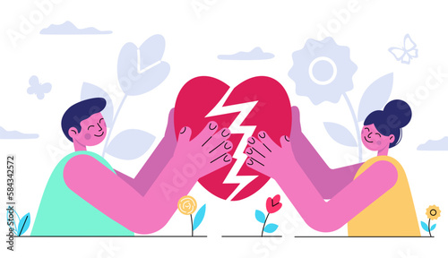 Reconciliation concept. Red broken heart in hands men and women. Restore love. Hyperbolized characters. Trending style. Psychology of relationships. Family preservation. Vector illustration