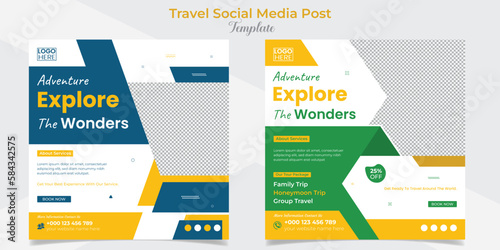 Travel Holiday vacation tour square flyer post banner and social media post template design set 