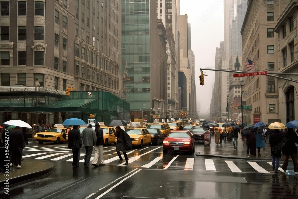 rainy new york street busy day, generative AI