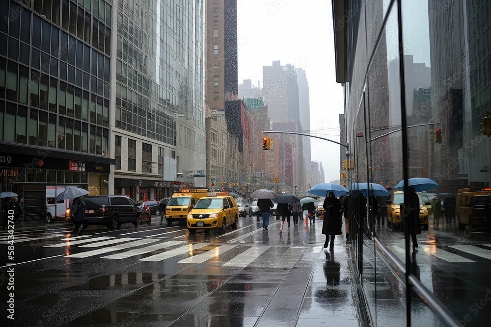 Obraz premium rainy new york street busy day, generative AI