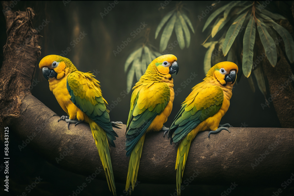 Obraz premium Three yellow parrots on a tree in the rainforest with Generative AI technology