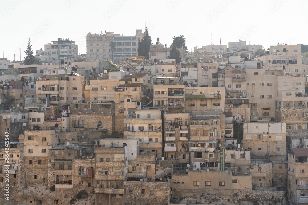 Aerial of the weathered buildings in Jerusalem, Israel