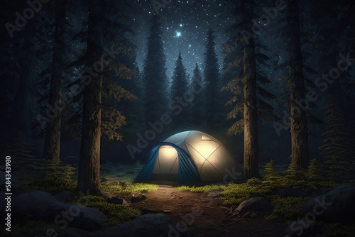 Tent with light  in the night forest   eco vacation in nature. Rest place in forest  Modern outdoor recreation concept. AI generative.