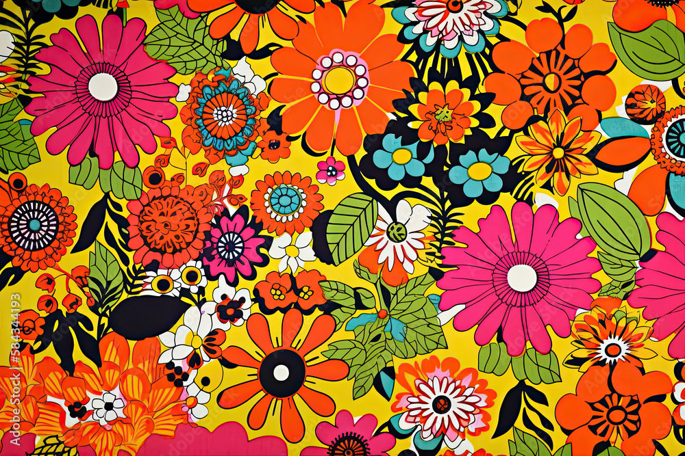 Pattern with bright flowers in the style of the 60s. Generative AI.
