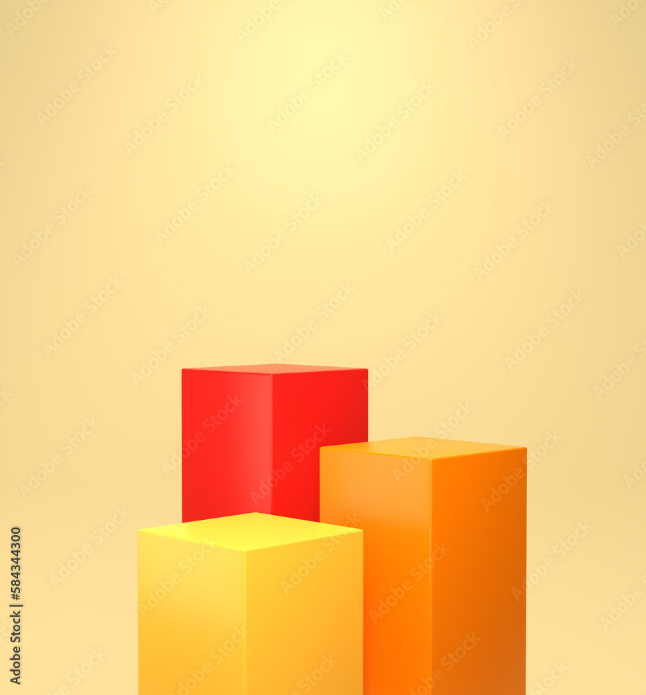 Three colorful cube podiums on an isolated background, yellow orange red geometric forms, round realistic pedestal, cosmetic showcase, template, copy space, advertising, product display, 3D Rendering Three colorful cube podiums on an isolated background, yellow orange red geometric forms, round realistic pedestal, cosmetic showcase, template, copy space, advertising, product display, 3D Rendering