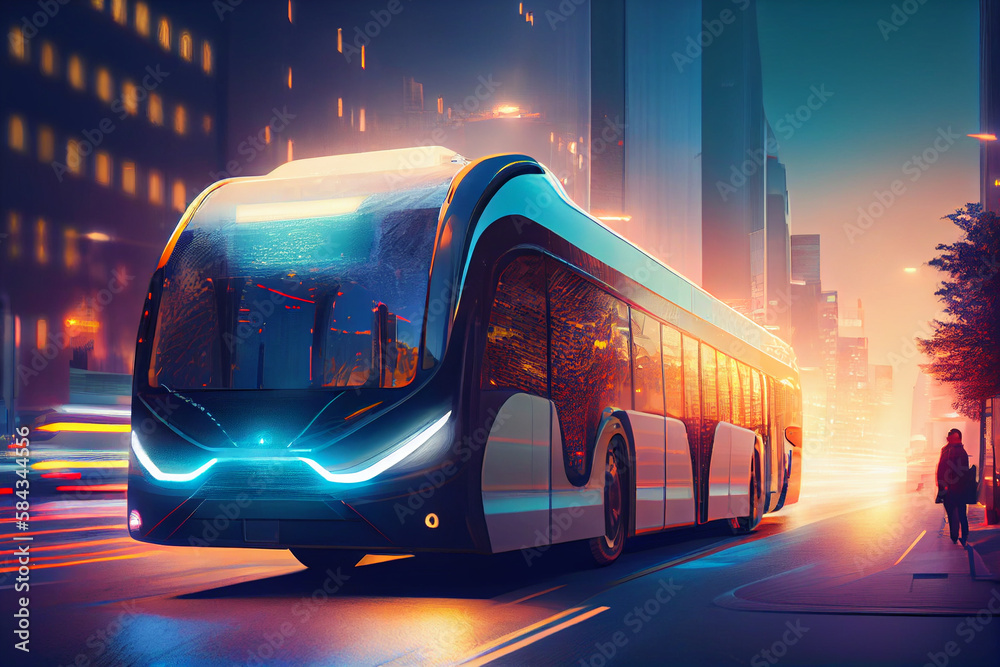 Futuristic electric passenger city bus driving trough modern town. Generative AI