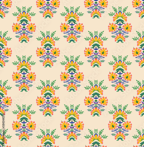 Mexican flower traditional pattern background. Mexican ethnic embroidery decoration ornament. Flower symmetry texture. Ornate folk graphic, wallpaper. Festive mexican floral motif. Vector illustration photo