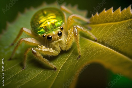 Phintella spider macro shot, cute and shining spider in a green leaf Generative AI photo