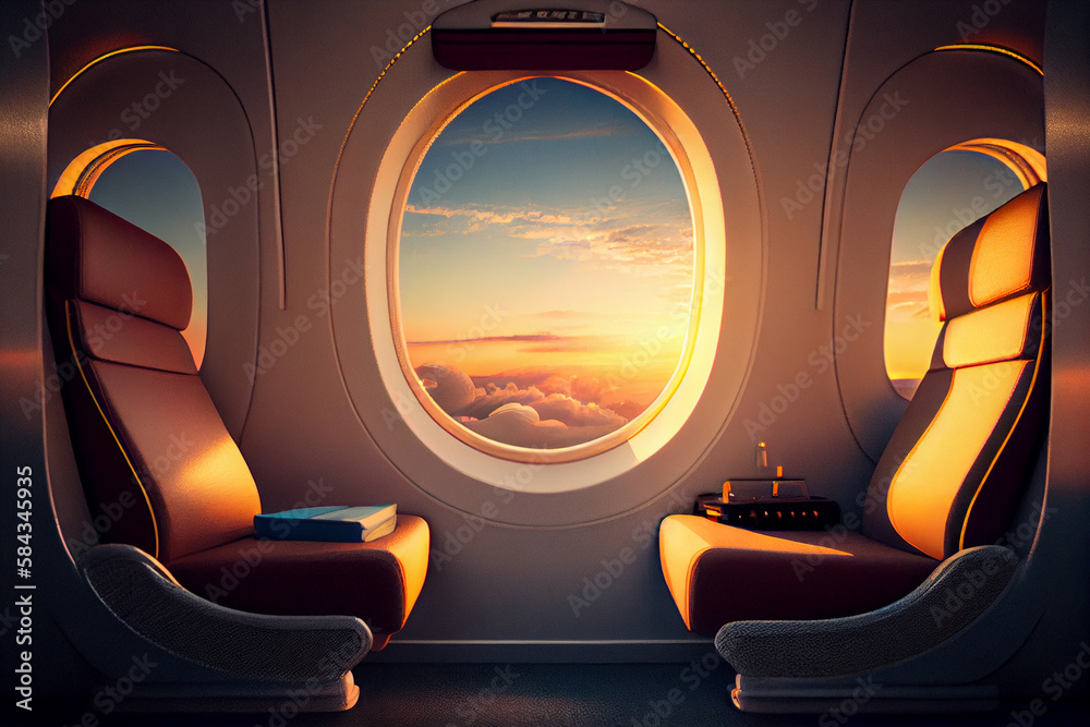 Luxury first class passenger plane interior with sunset view trough window and chairs . Generative AI - obrazy, fototapety, plakaty 