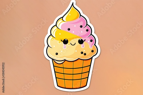 Composition of colorful kawaii cartoon ice-cream sticker on beige backgroundn using generative ai technology photo