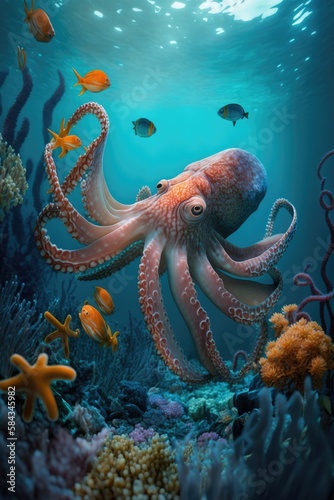 Close up of octopus swimming underwater, created using generative ai technology