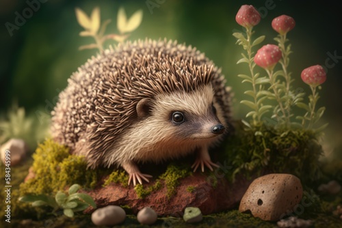 Close up of cute hedgehog with plants and flowers, created using generative ai technology